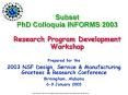 Subset PhD Colloquia INFORMS 2003 Research Program Development Workshop PowerPoint PPT Presentation