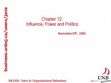 Chapter 12: Influence, Power and Politics