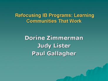 Refocusing IB Programs: Learning Communities That Work
