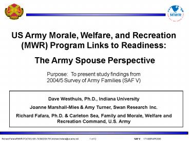US Army Morale, Welfare, and Recreation MWR Program Links to Readiness ...