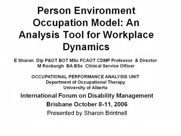 Person Environment Occupation Model: An Analysis Tool for Workplace Dynamics