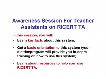 Awareness Session For Teacher Assistants on RICERT TA