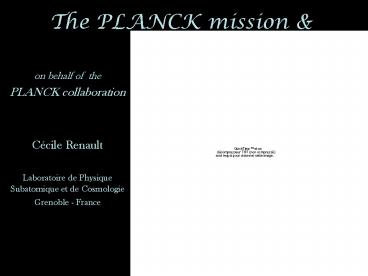 The PLANCK mission