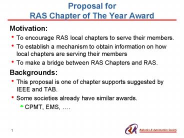 Proposal for RAS Chapter of The Year Award