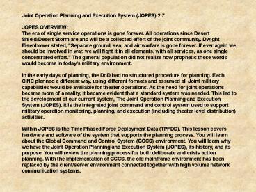 Joint Operation Planning and Execution System JOPES 2'7
