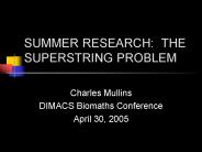 SUMMER RESEARCH: THE SUPERSTRING PROBLEM