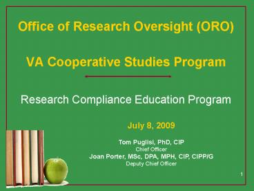 Office of Research Oversight ORO VA Cooperative Studies Program