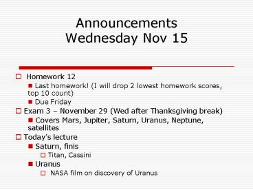 Announcements Wednesday Nov 15