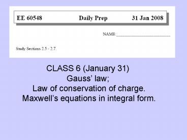 CLASS 6 January 31 Gauss law