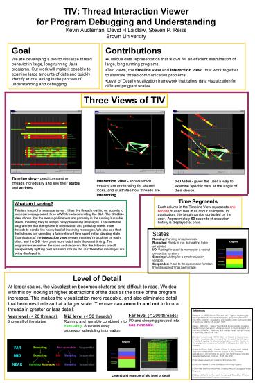 TIV: Thread Interaction Viewer for Program Debugging and Understanding Kevin Audleman, David H Laidlaw, Steven P. Reiss Brown University TIV: Thread Interaction Viewer for Program Debugging and Understanding Kevin Audleman, David H Laidlaw, Steven P. Reiss Brown University