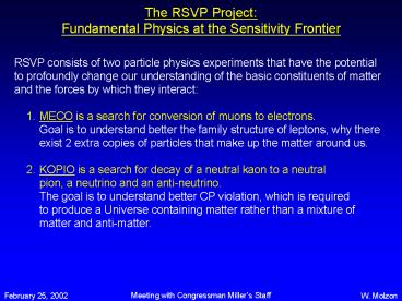 The RSVP Project: Fundamental Physics at the Sensitivity Frontier