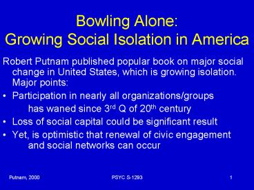 Bowling Alone: Growing Social Isolation in America