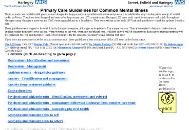 Primary Care Guidelines for Common Mental Illness