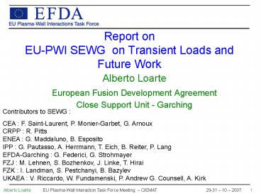 Report on EUPWI SEWG on Transient Loads and Future Work