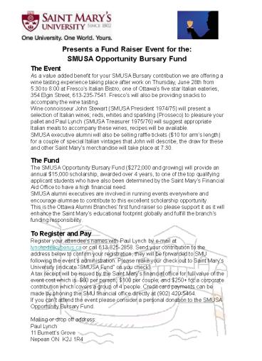 Presents a Fund Raiser Event for the: