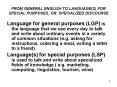 FROM GENERAL ENGLISH TO LANGUAGES FOR SPECIAL PURPOSES, OR SPECIALIZED DISCOURSE PowerPoint PPT Presentation