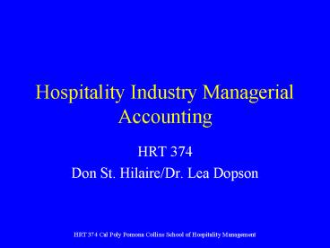 Hospitality Industry Managerial Accounting