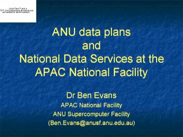 ANU data plans and National Data Services at the APAC National Facility