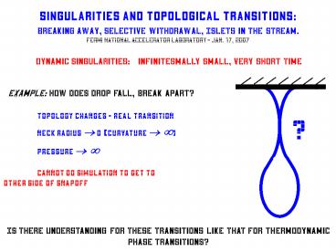 Singularities and Topological Transitions: Breaking Away, Selective Withdrawal, Islets in the Stream