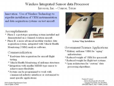 Wireless Integrated Sensor data Processor Invocon, Inc. - Conroe, Texas