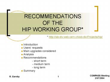 RECOMMENDATIONS OF THE HIP WORKING GROUP