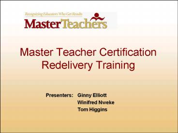 Master Teacher Certification Redelivery Training