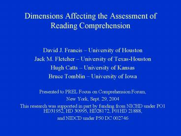 Dimensions Affecting the Assessment of Reading Comprehension