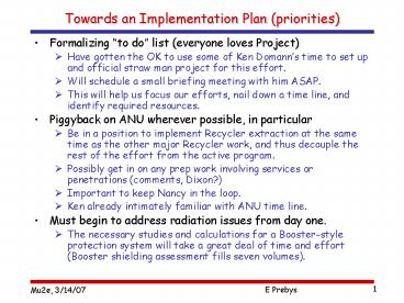 Towards an Implementation Plan priorities