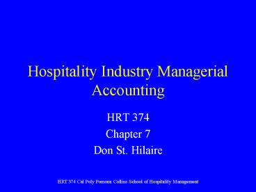 Hospitality Industry Managerial Accounting
