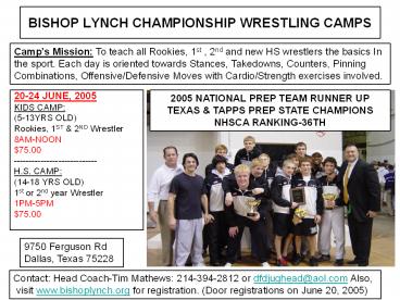BISHOP LYNCH CHAMPIONSHIP WRESTLING CAMPS