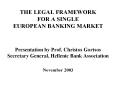 THE LEGAL FRAMEWORK FOR A SINGLE EUROPEAN BANKING MARKET  Presentation by Prof. Christos Gortsos Secretary General, Hellenic Bank Association November 2003 PowerPoint PPT Presentation