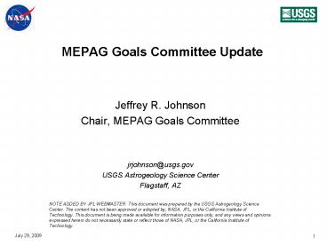 MEPAG Goals Committee Update