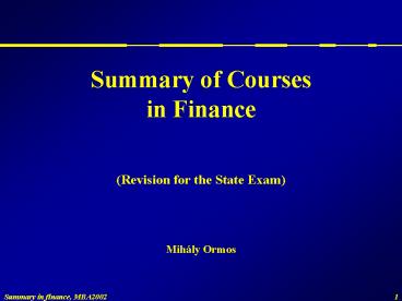 Summary of Courses in Finance Revision for the State Exam