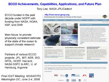 ECCO Achievements, Capabilities, Applications, and Future Plan