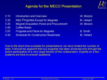 Agenda for the MECO Presentation