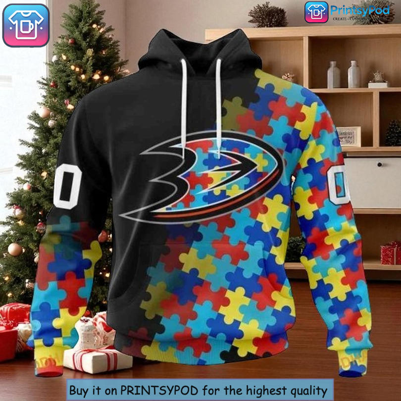 Unique Anaheim Ducks Custom Name 3D Hoodie Featuring NHL Autism Awareness Puzzle Design Unique Anaheim Ducks Custom Name 3D Hoodie Featuring NHL Autism Awareness Puzzle Design