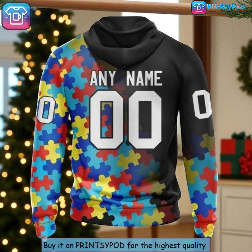 Unique Anaheim Ducks Custom Name 3D Hoodie Featuring NHL Autism Awareness Puzzle Design Unique Anaheim Ducks Custom Name 3D Hoodie Featuring NHL Autism Awareness Puzzle Design - 1