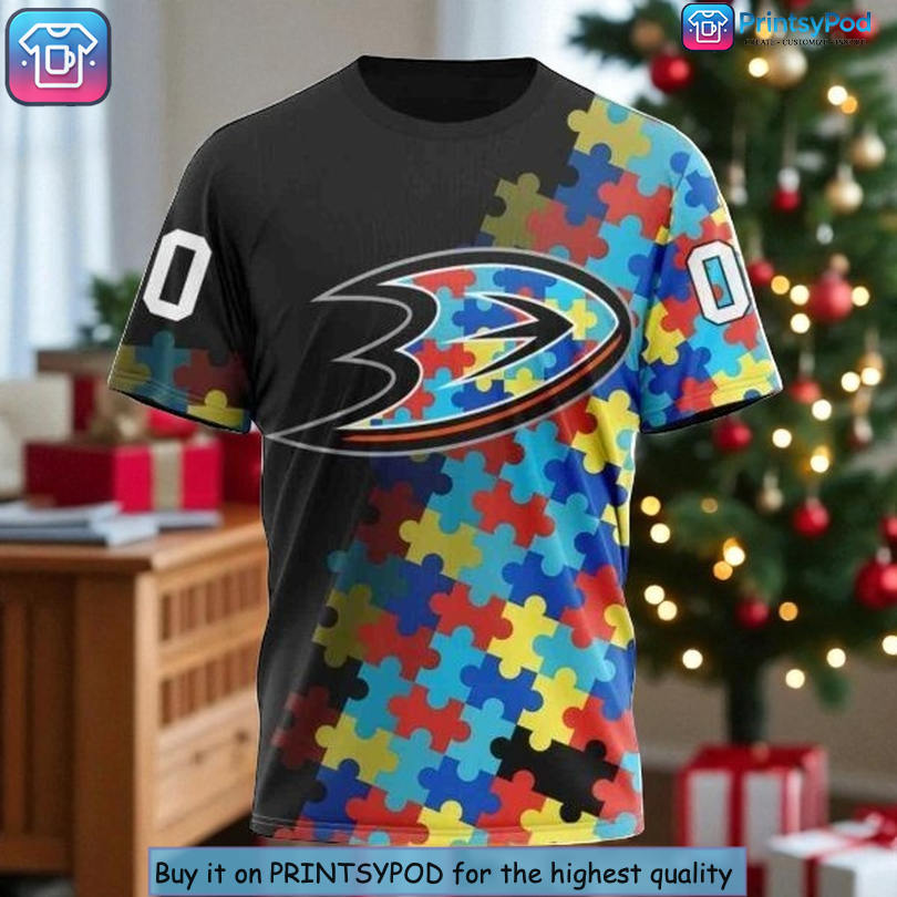 Unique Anaheim Ducks Custom Name 3D Hoodie Featuring NHL Autism Awareness Puzzle Design Unique Anaheim Ducks Custom Name 3D Hoodie Featuring NHL Autism Awareness Puzzle Design - 2