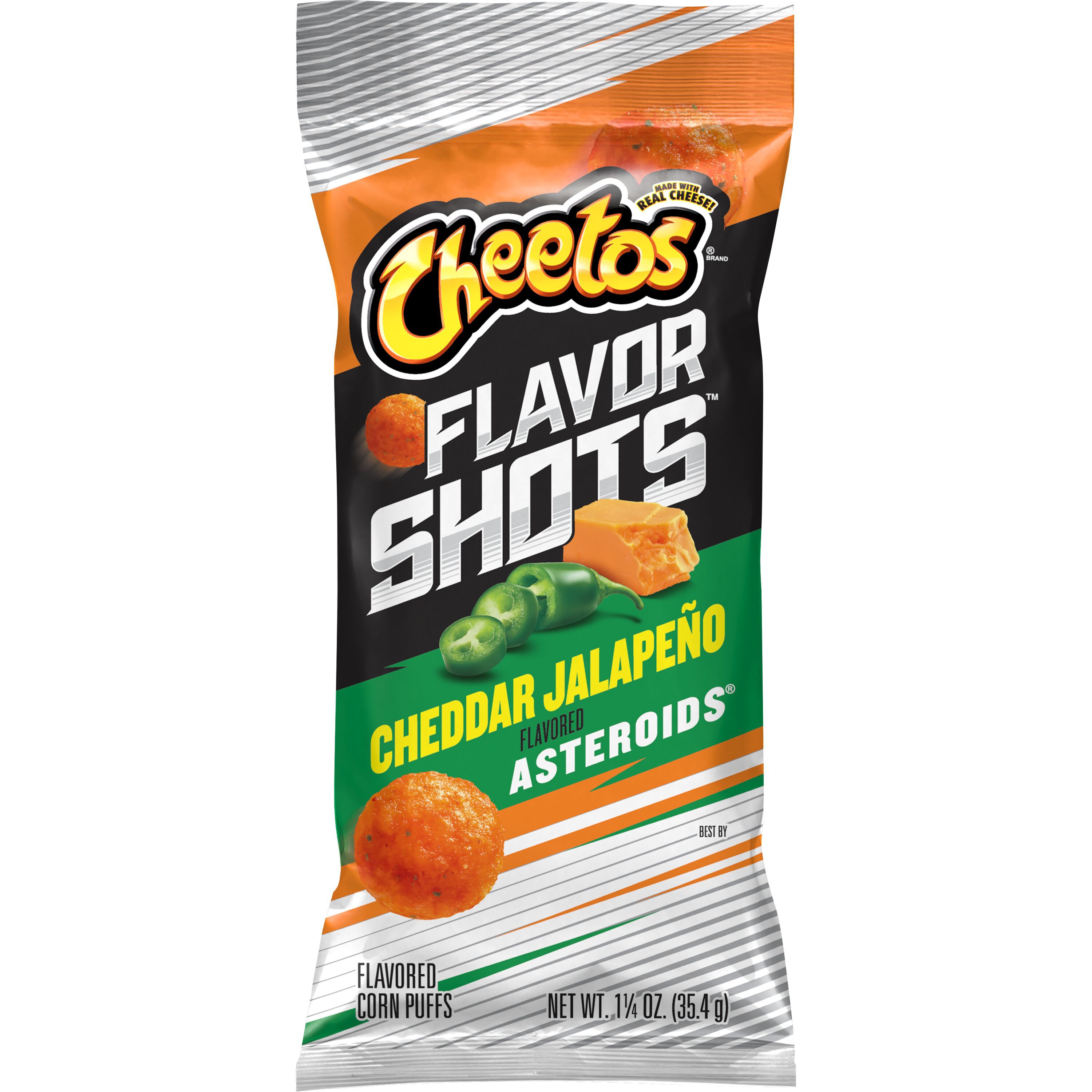 Cheetos, Flavor Shots, Cheddar Jalapeno Asteroids, Flavored Corn Puffs