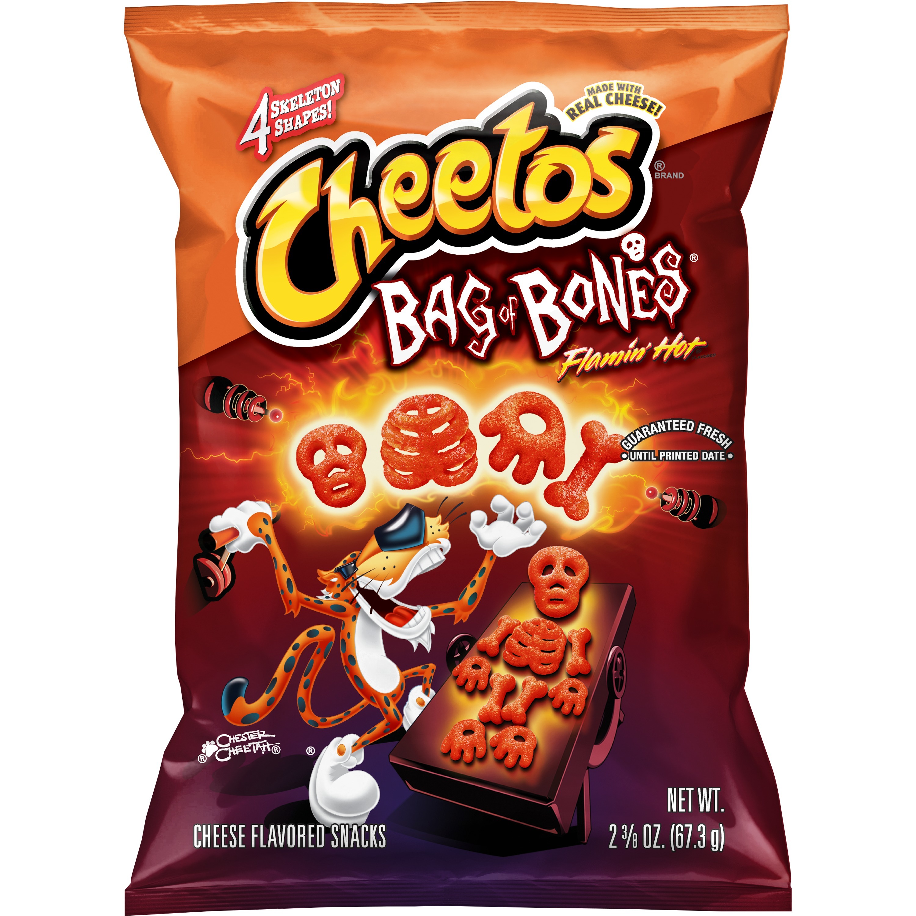Cheetos, Bag Of Bones, Flamin' Hot Flavored, Cheese Flavored Snacks