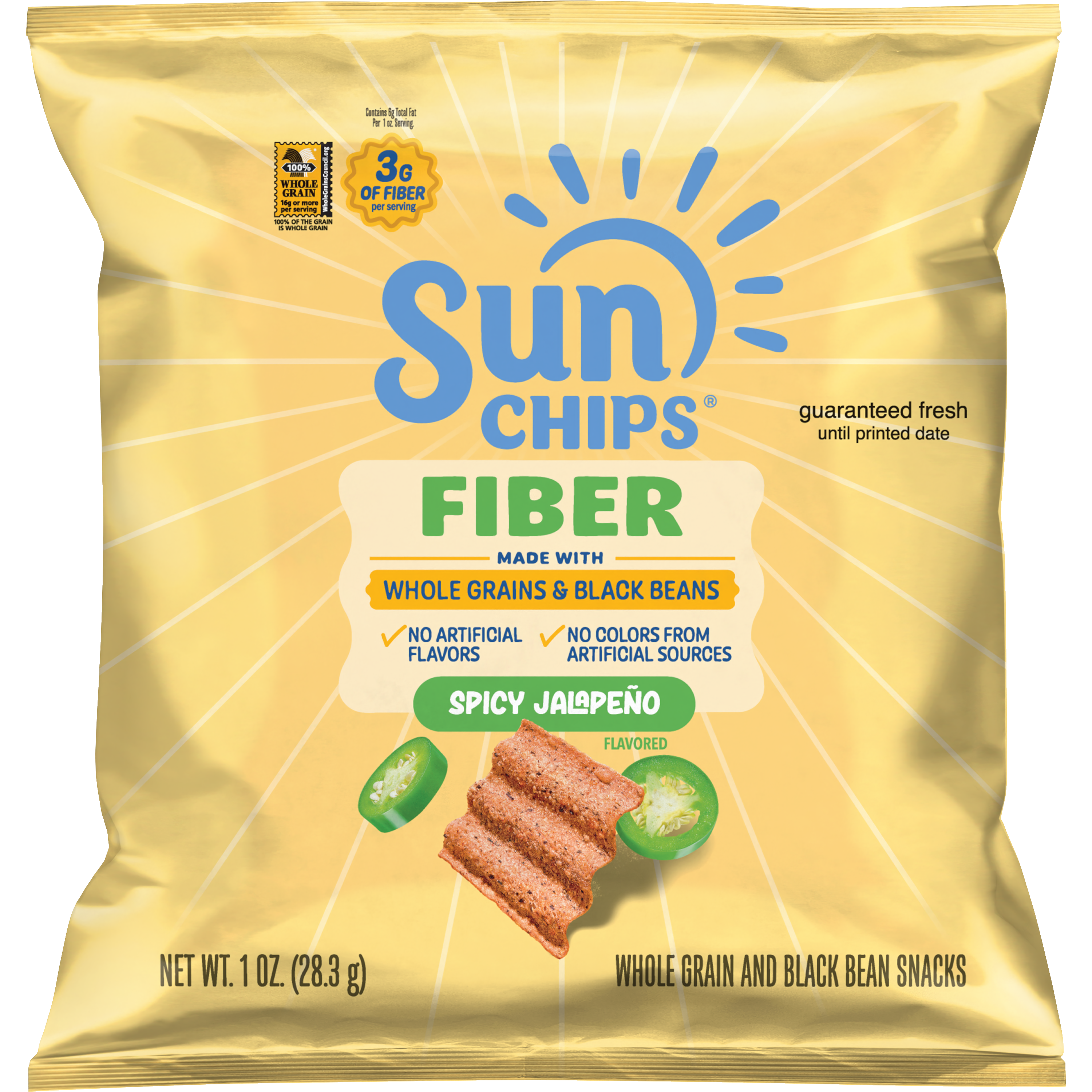 SunChips, Fiber, Spicy Jalapeno Flavored, Whole Grain And Black Bean Snacks