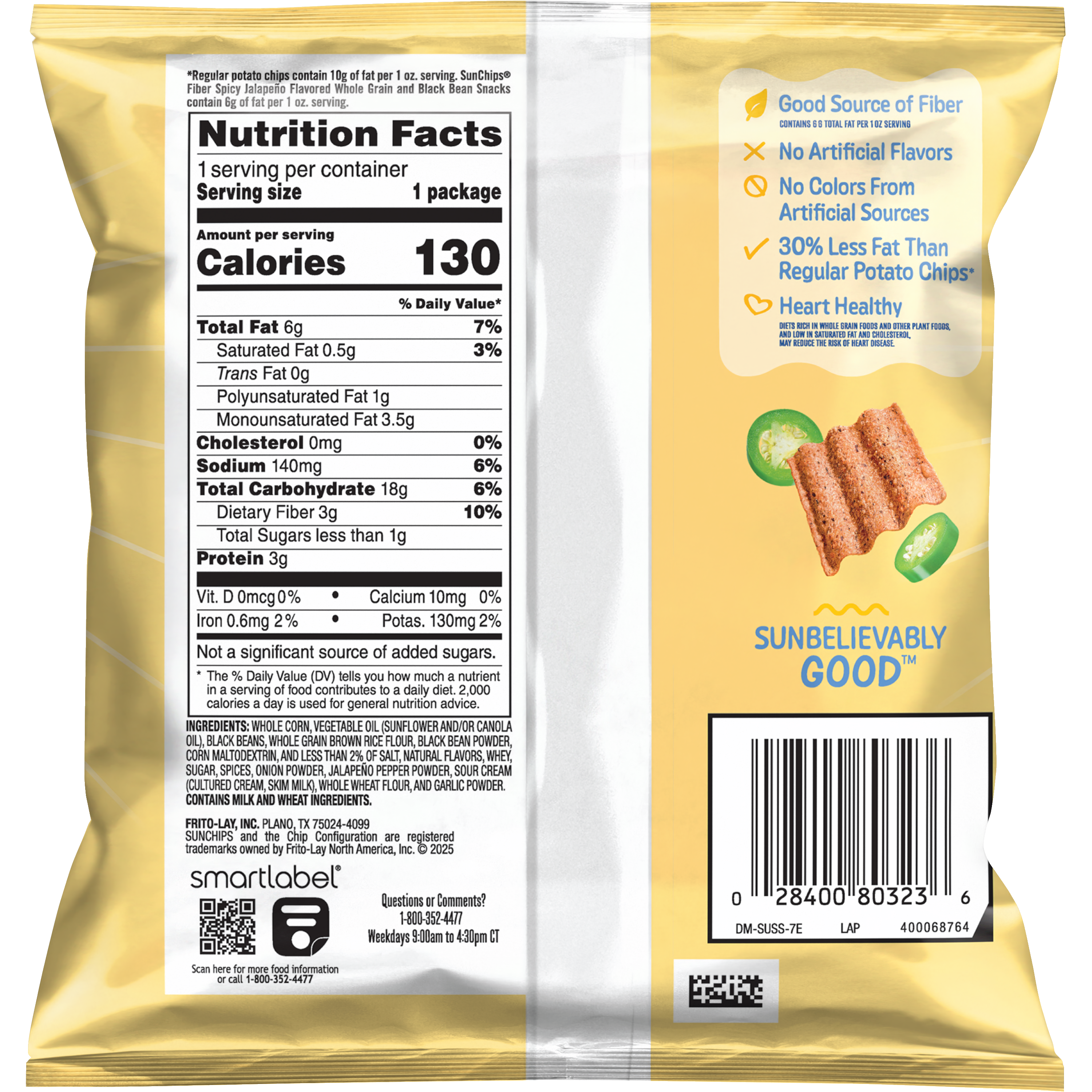 SunChips, Fiber, Spicy Jalapeno Flavored, Whole Grain And Black Bean Snacks thumbnail