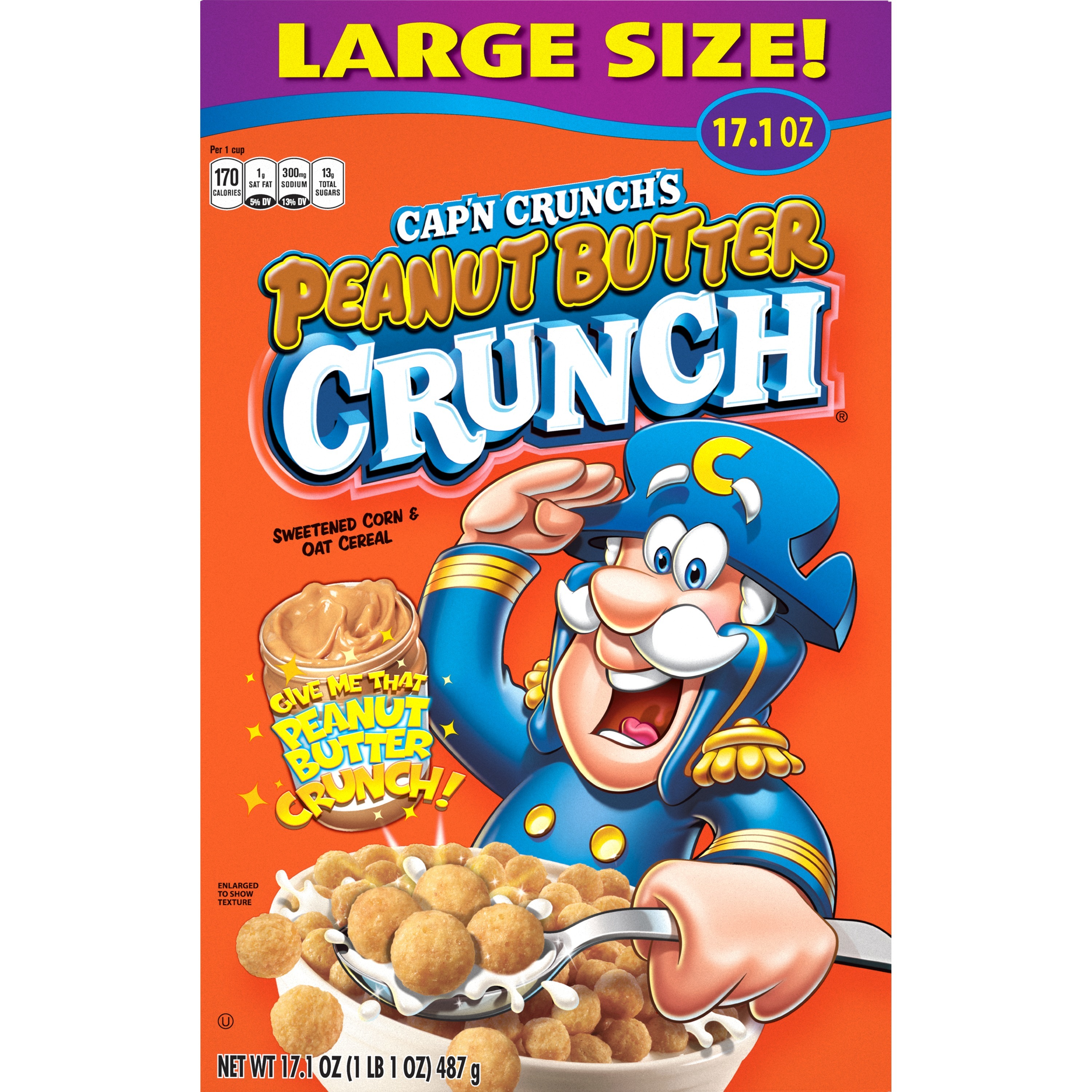 Cap'n Crunch's, Large Size, Peanut Butter Crunch, Sweetened Corn & Oat Cereal