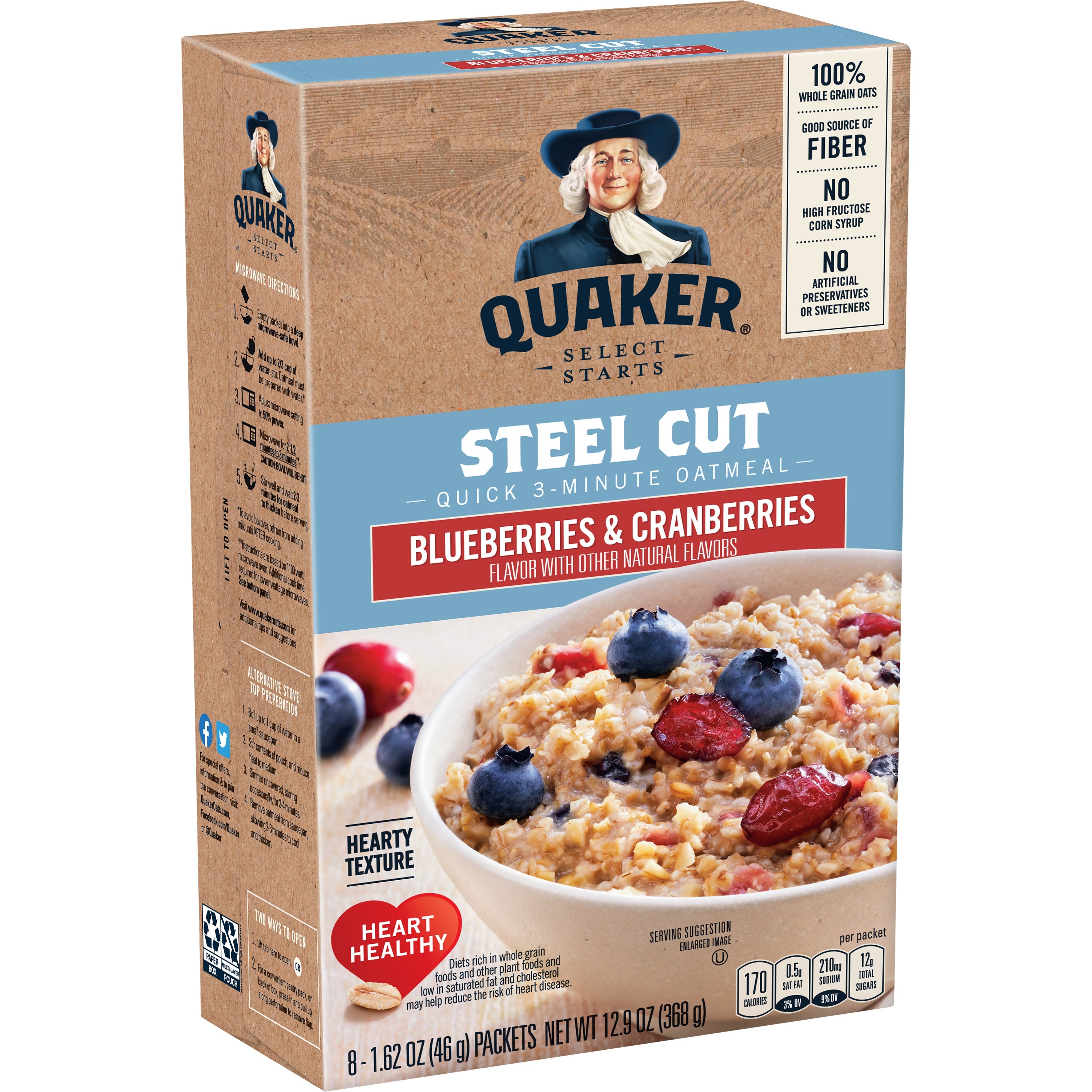 Quaker, Select Starts, Steel Cut, Blueberries & Cranberries Flavor, Quick 3-Minute Oatmeal thumbnail