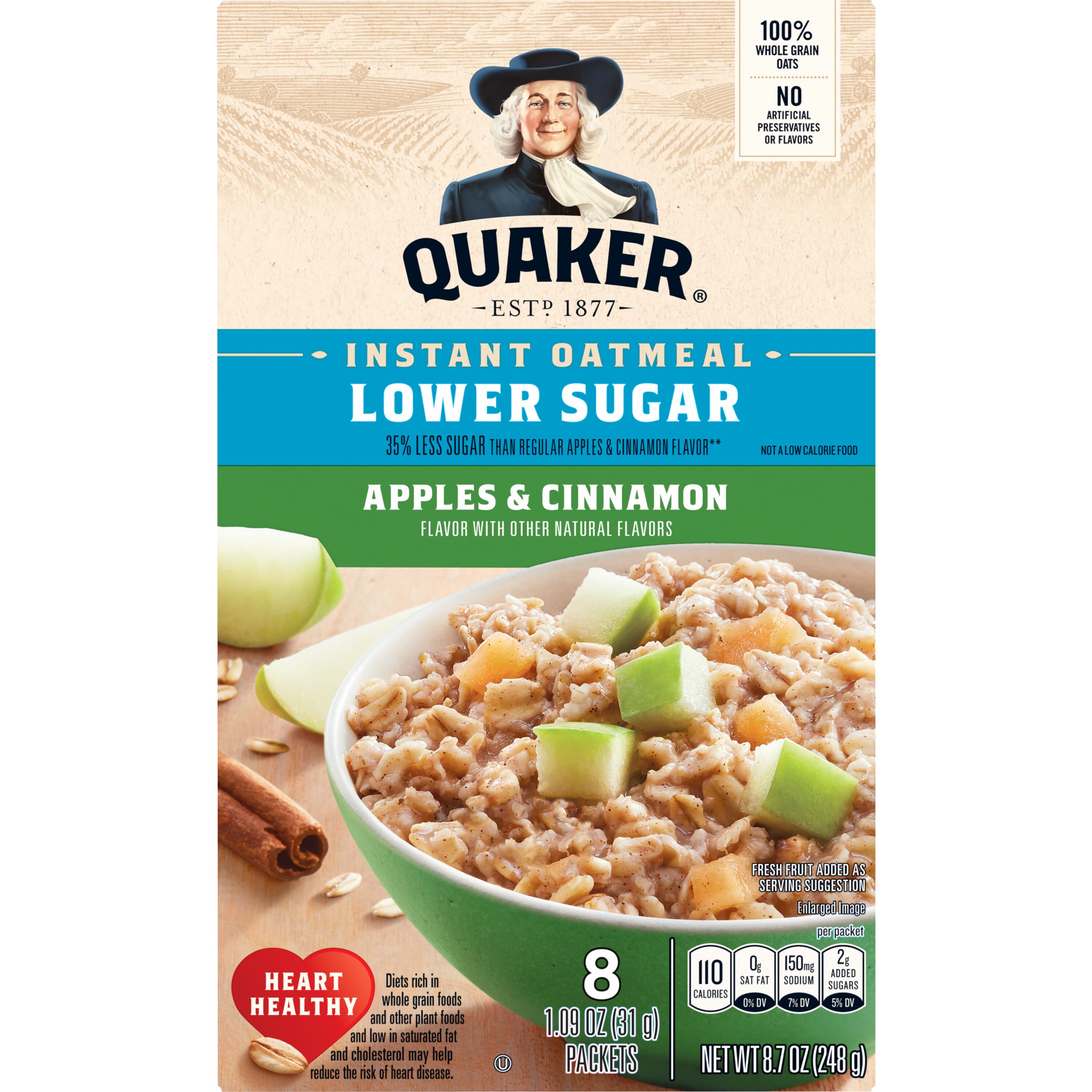 Quaker, Lower Sugar, Apples & Cinnamon Flavor, Instant Oatmeal
