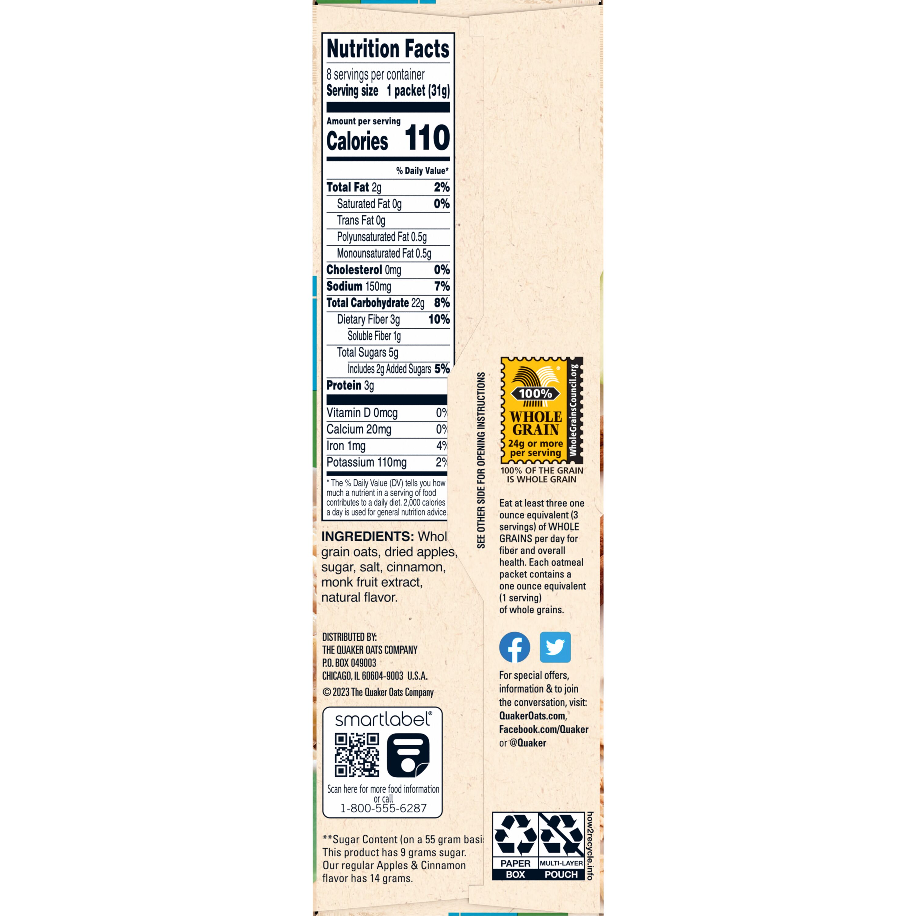 Quaker, Lower Sugar, Apples & Cinnamon Flavor, Instant Oatmeal thumbnail