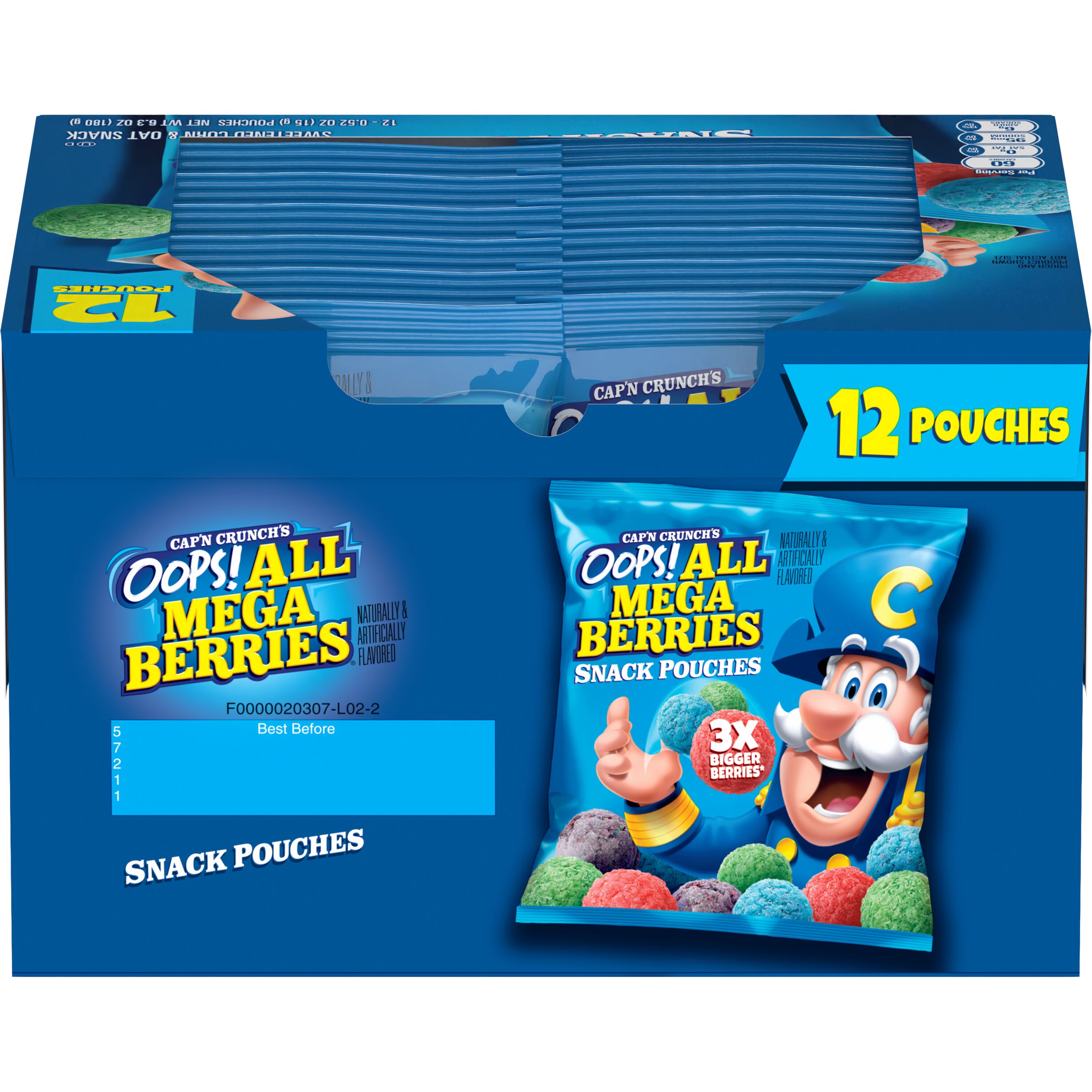 Cap'n Crunch's, Snack Pouches, Oops! All Mega Berries Naturally & Artificially Flavored, Sweetened Corn & Oat Snack