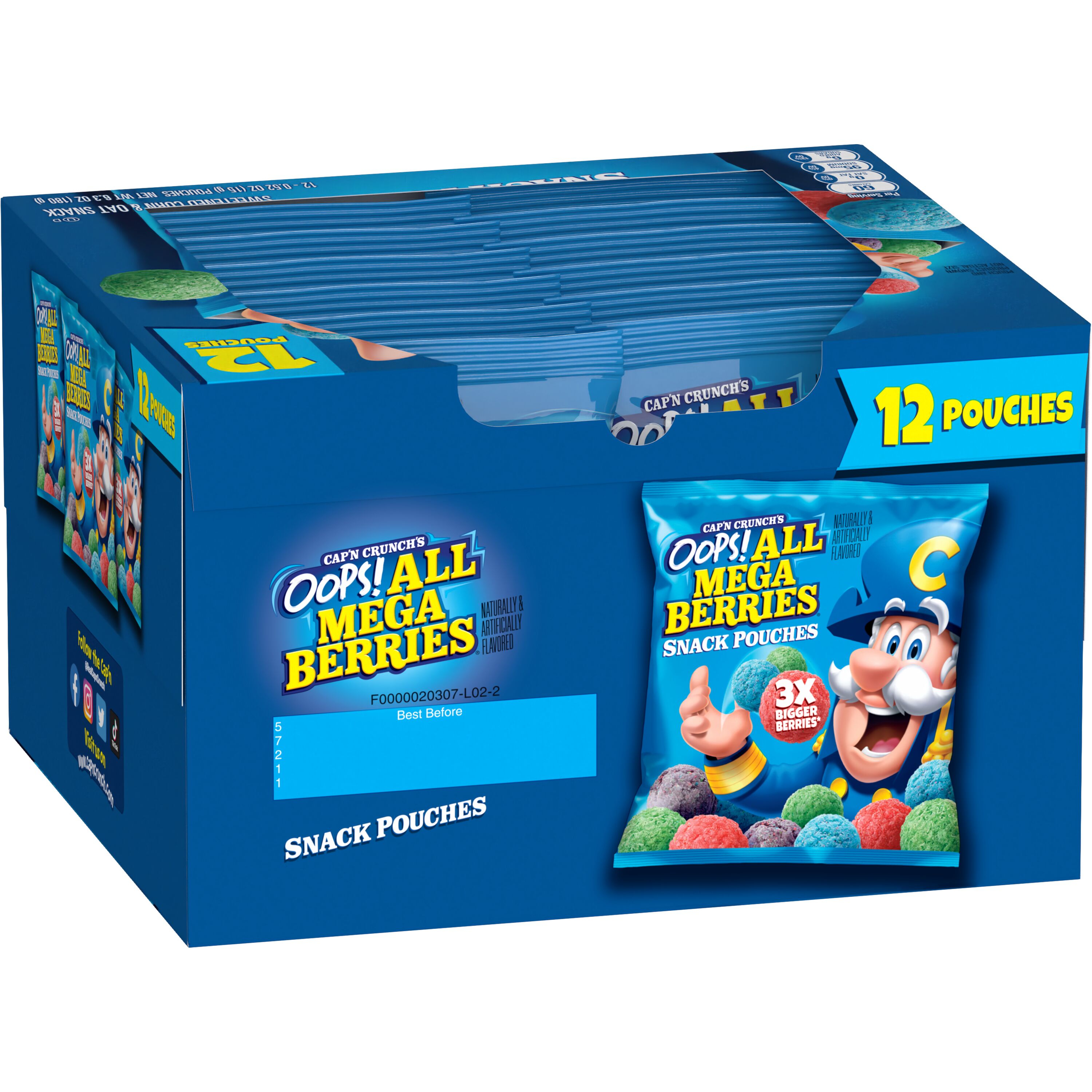 Cap'n Crunch's, Snack Pouches, Oops! All Mega Berries Naturally & Artificially Flavored, Sweetened Corn & Oat Snack thumbnail