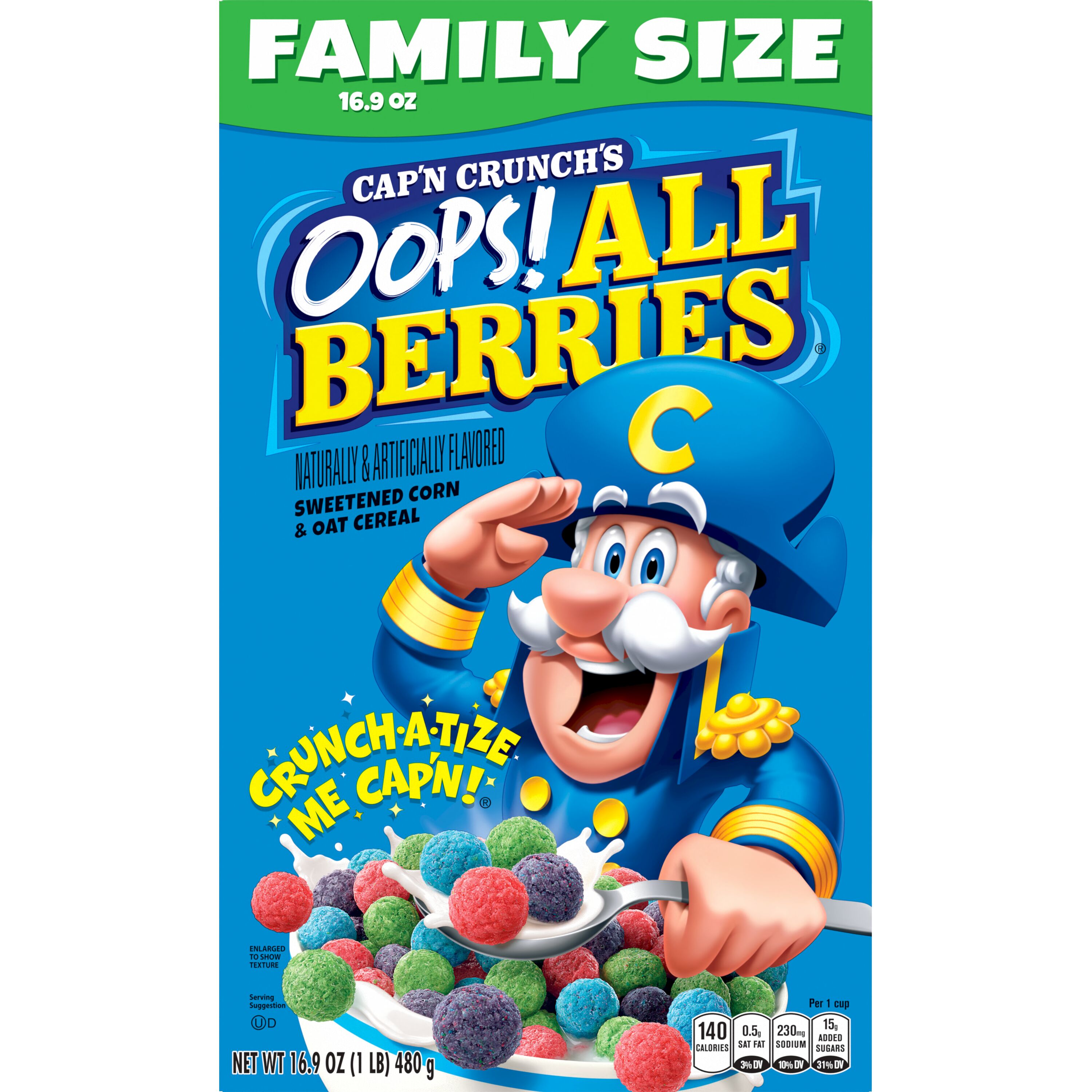 Cap'n Crunch's, Family Size, Oops! All Berries, Naturally & Artificially Flavored, Sweetened Corn & Oat Cereal