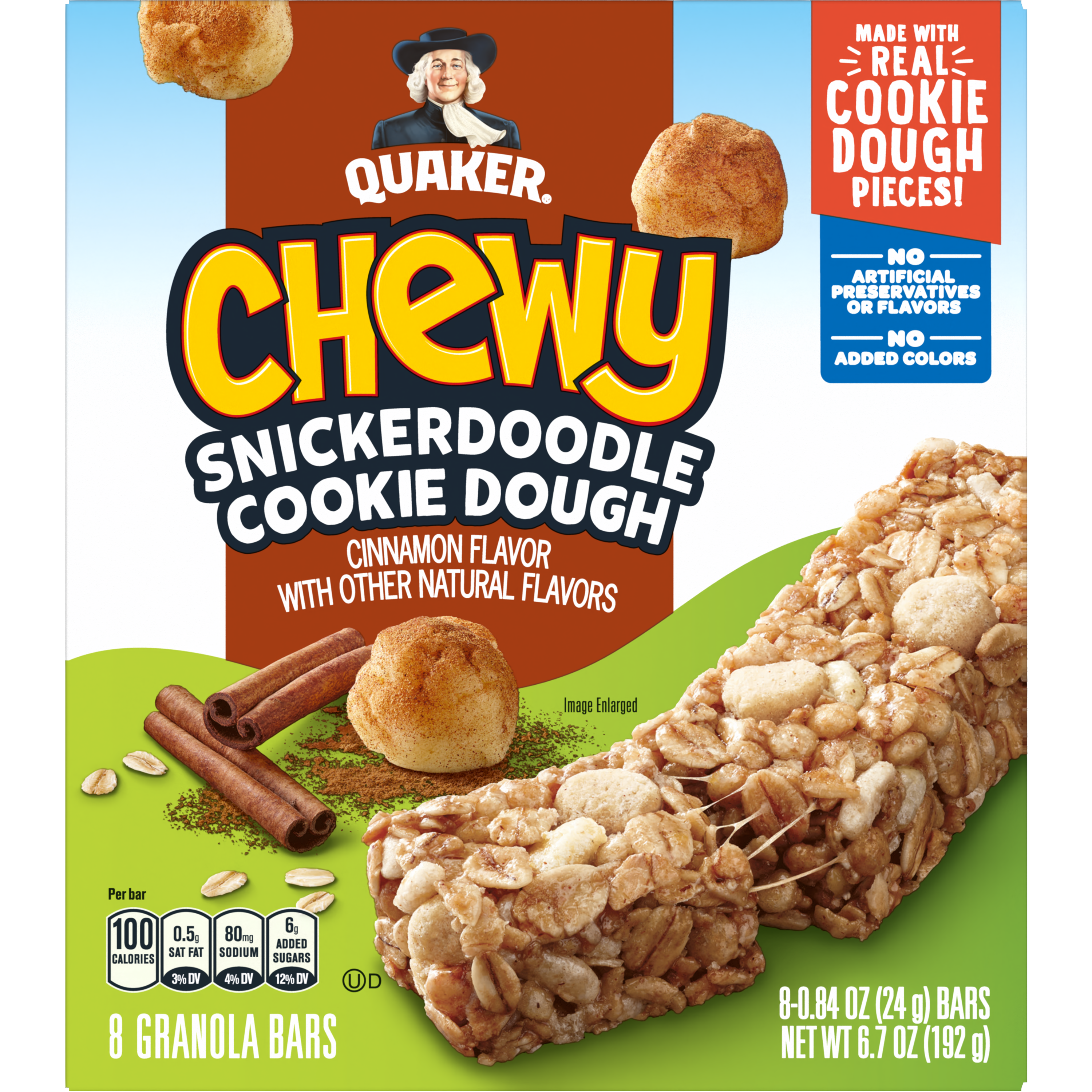 Quaker, Chewy, Snickerdoodle Cookie Dough, Cinnamon Flavor, Granola Bars